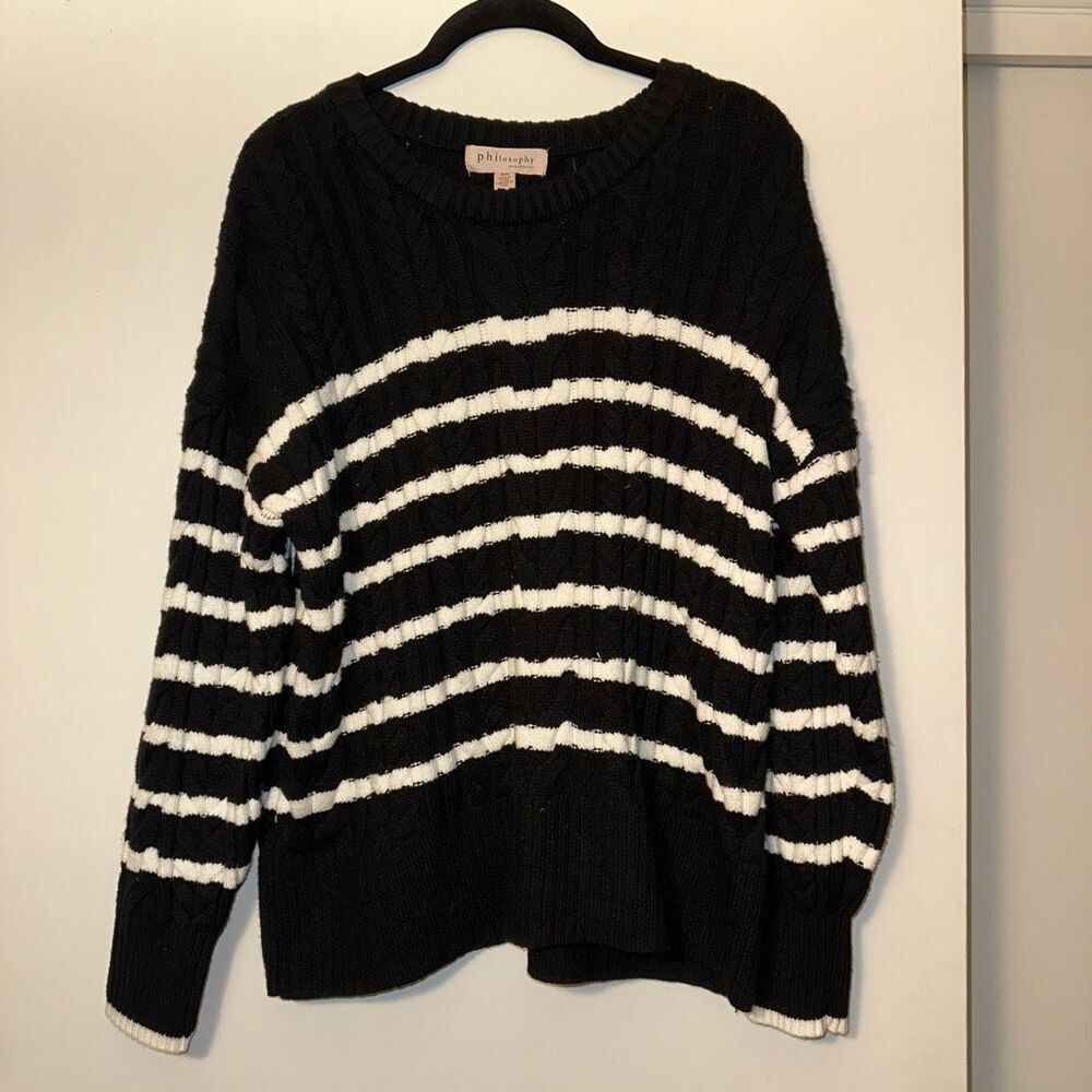 Philosophy Women’s Black White Stripe Cable Knit Sweater Size Medium NWT